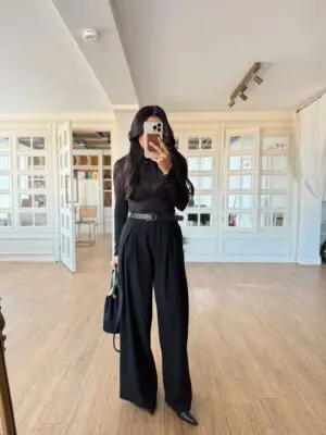 Astrix Beli Pileli Kemerli Yan Cepli Bol Paça Pantolon