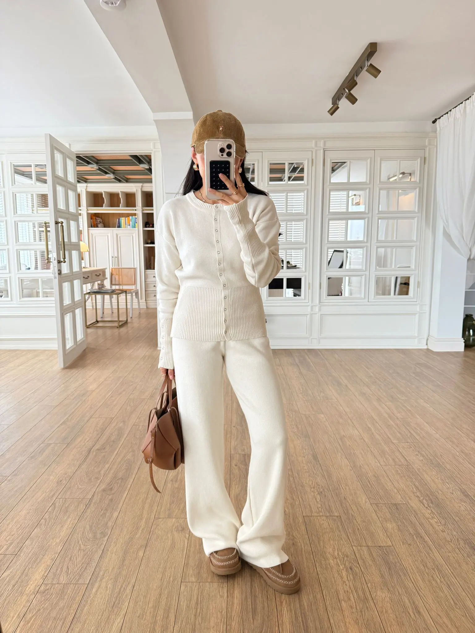 Fitil Detaylı Çıt Çıtlı Hırka-Pantolon Triko Takım - Ekru, Standart