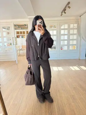 Kolları Modal Kumaş Detaylı Fitilli Çift Fermuarlı Sweat-Pantolon Takım