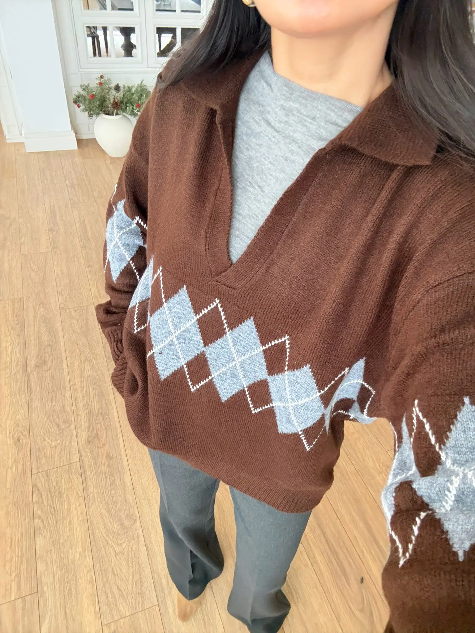 Doming Polo Yaka Baklava Desen Triko - Kahve-Gri, Standart