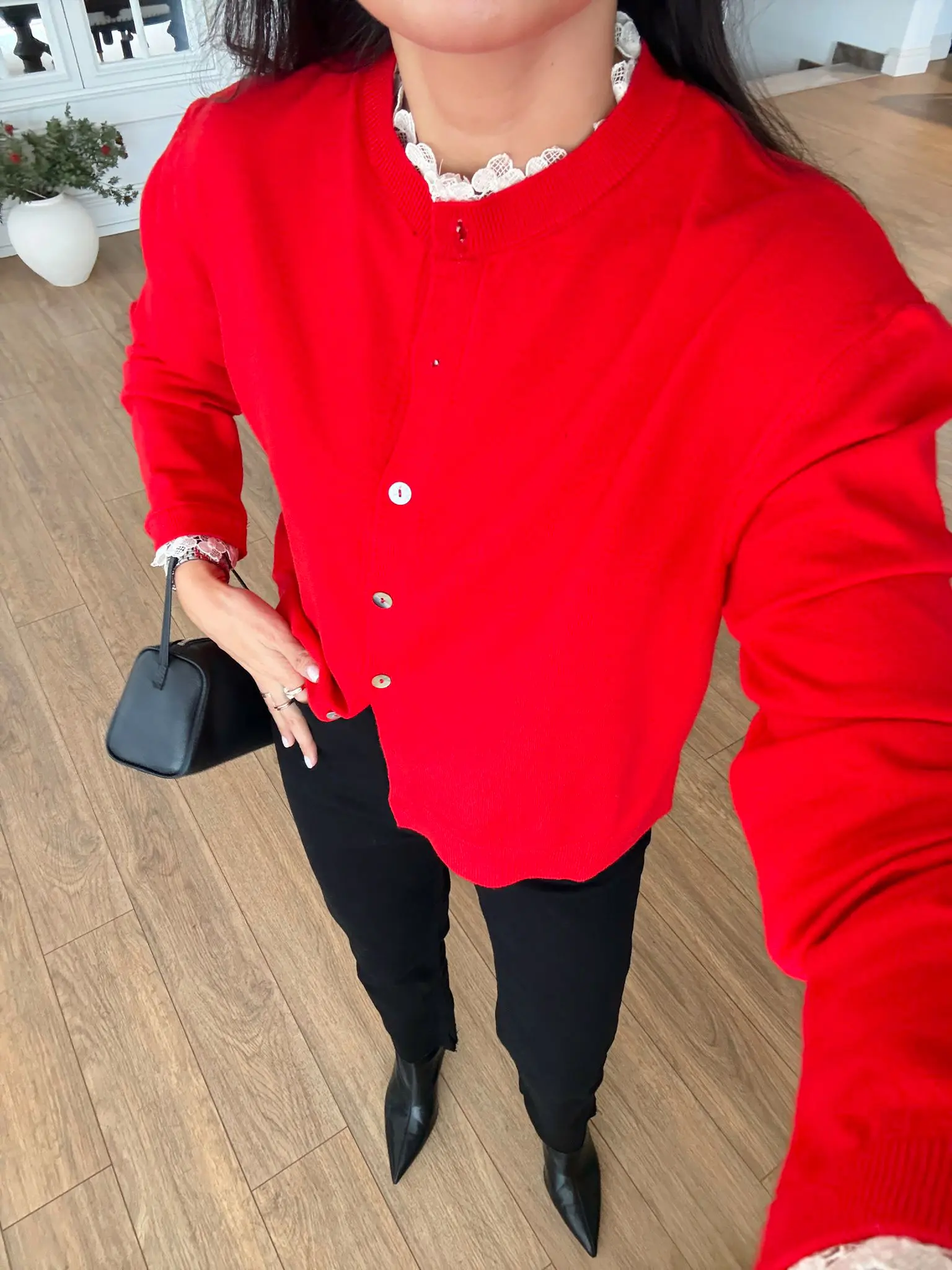 Ekinoks Yakası Ve Kolları Dantelli Hırka - Kırmızı, Standart