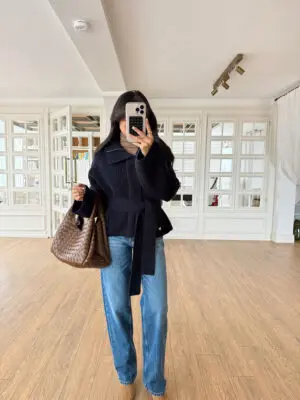 Hollow Knight Lacivert Fermuarlı Kemerli Düğmeli Yünlü Triko Ceket