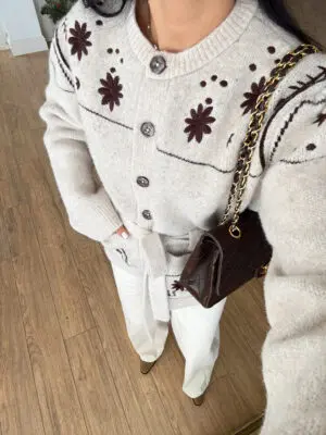 Ostic Çiçek Nakışlı Kuşaklı Yün Ceket/Hırka