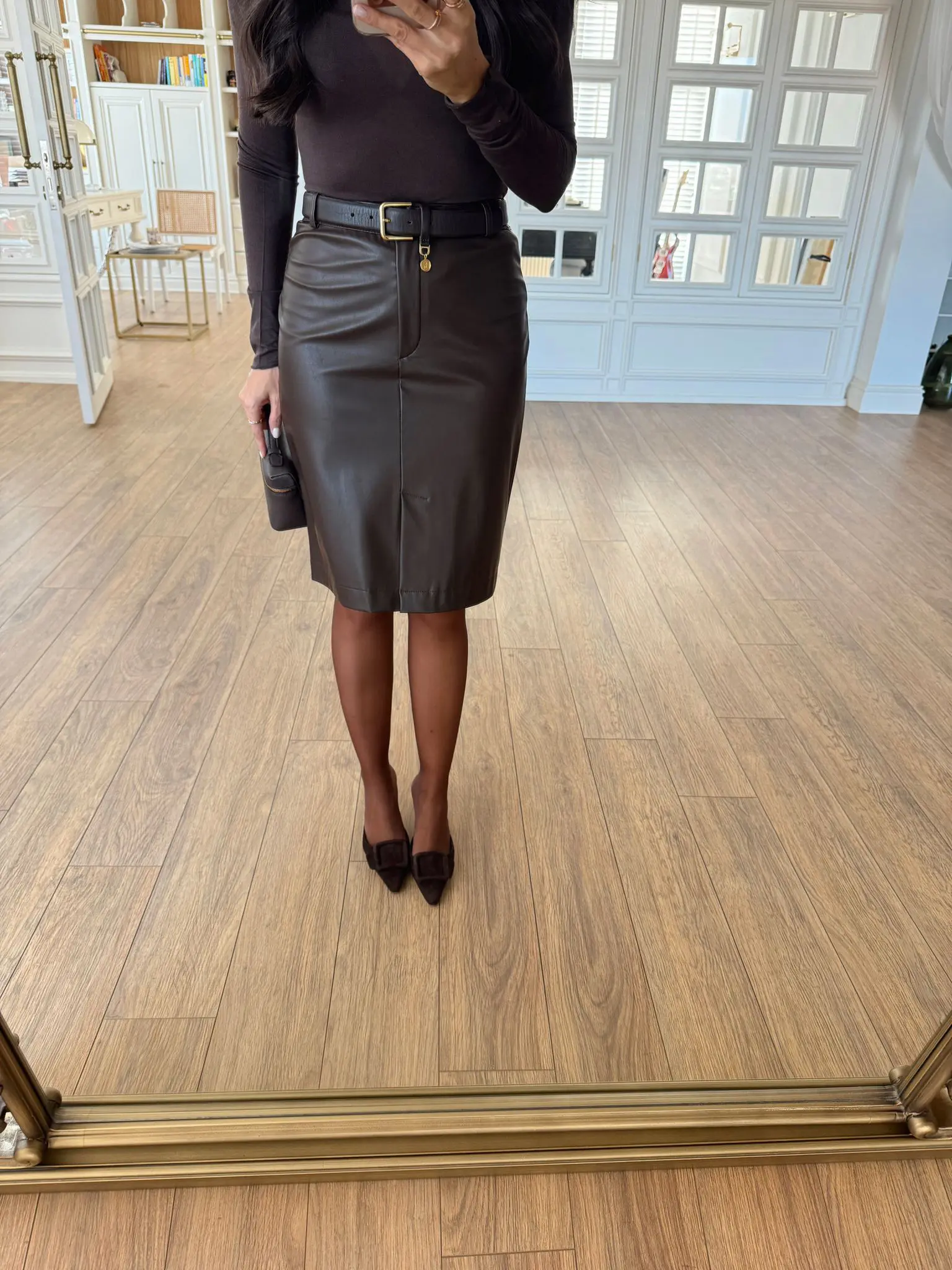 Melory Ön Yırtmaç Detaylı Deri Etek