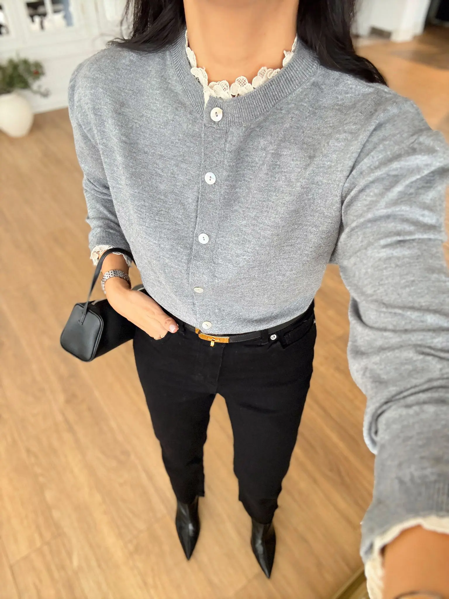 Ekinoks Yakası Ve Kolları Dantelli Hırka - Koyu Gri, Standart