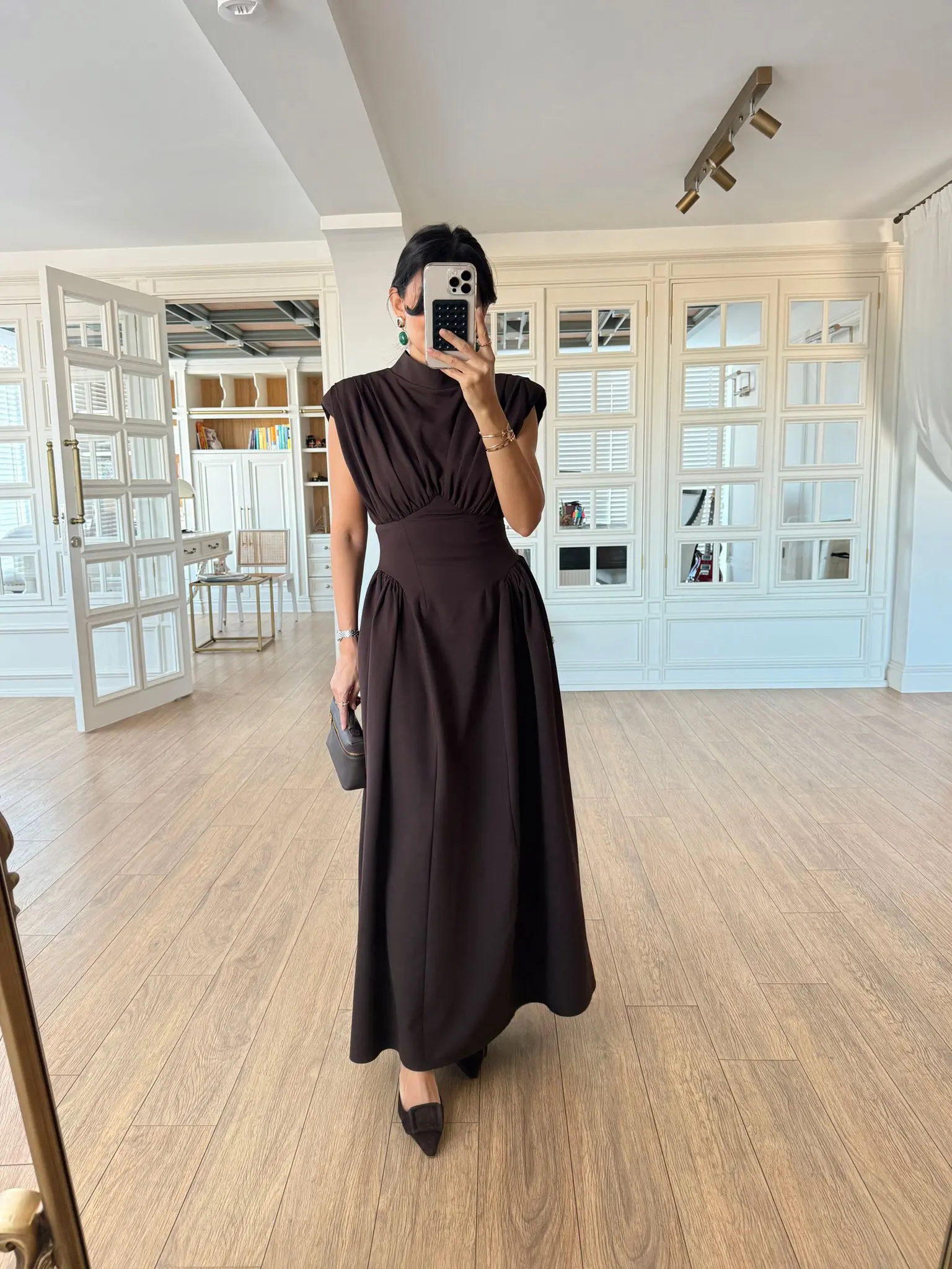 Poleny Vatkalı Omuz Drapeli Bel Detaylı Maxi Boy Elbise