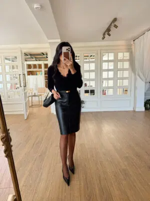 Melory Ön Yırtmaç Detaylı Deri Etek