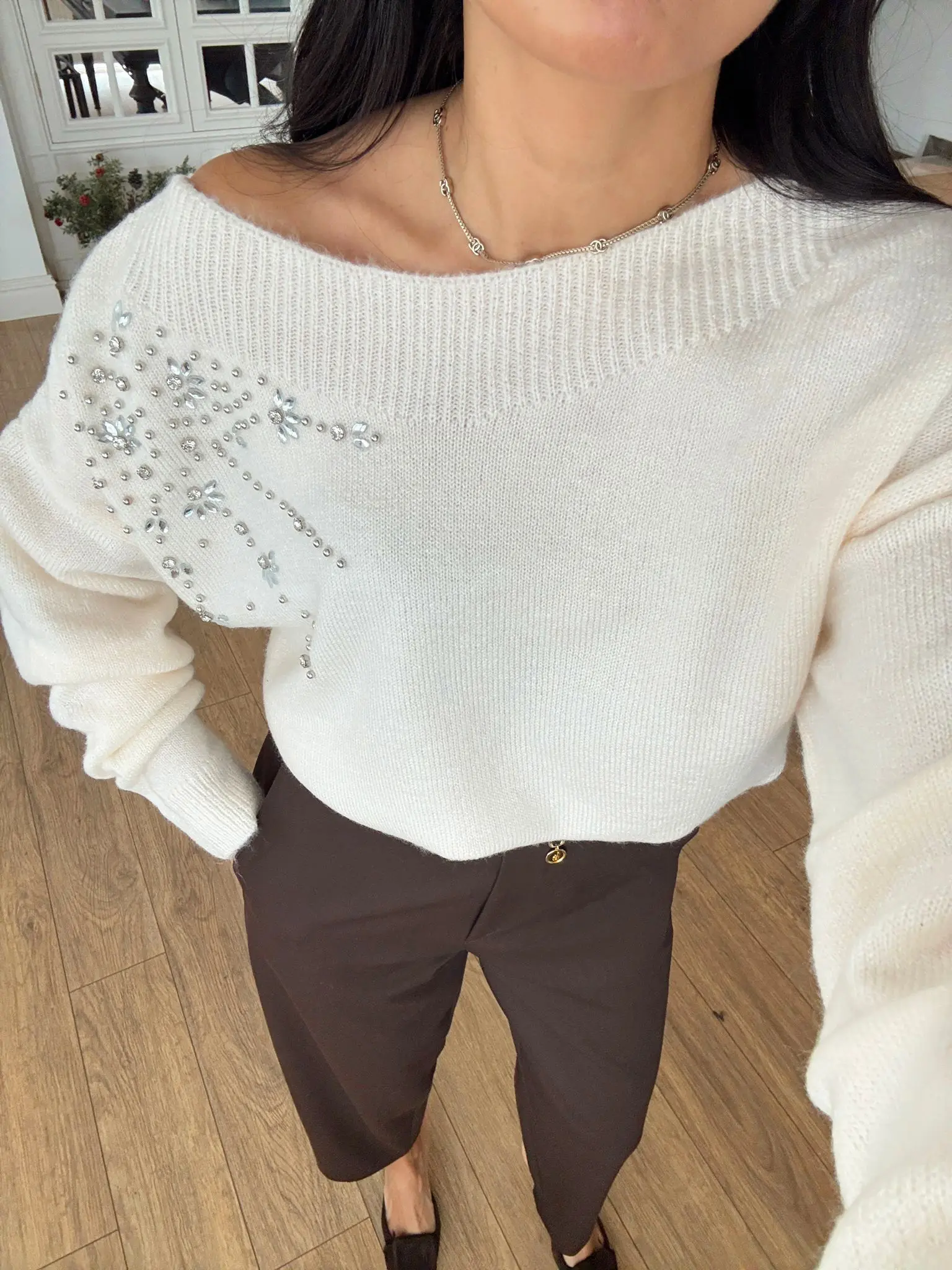 Cieng Omuz Taşlı Kayık Yaka Triko - Krem, Standart