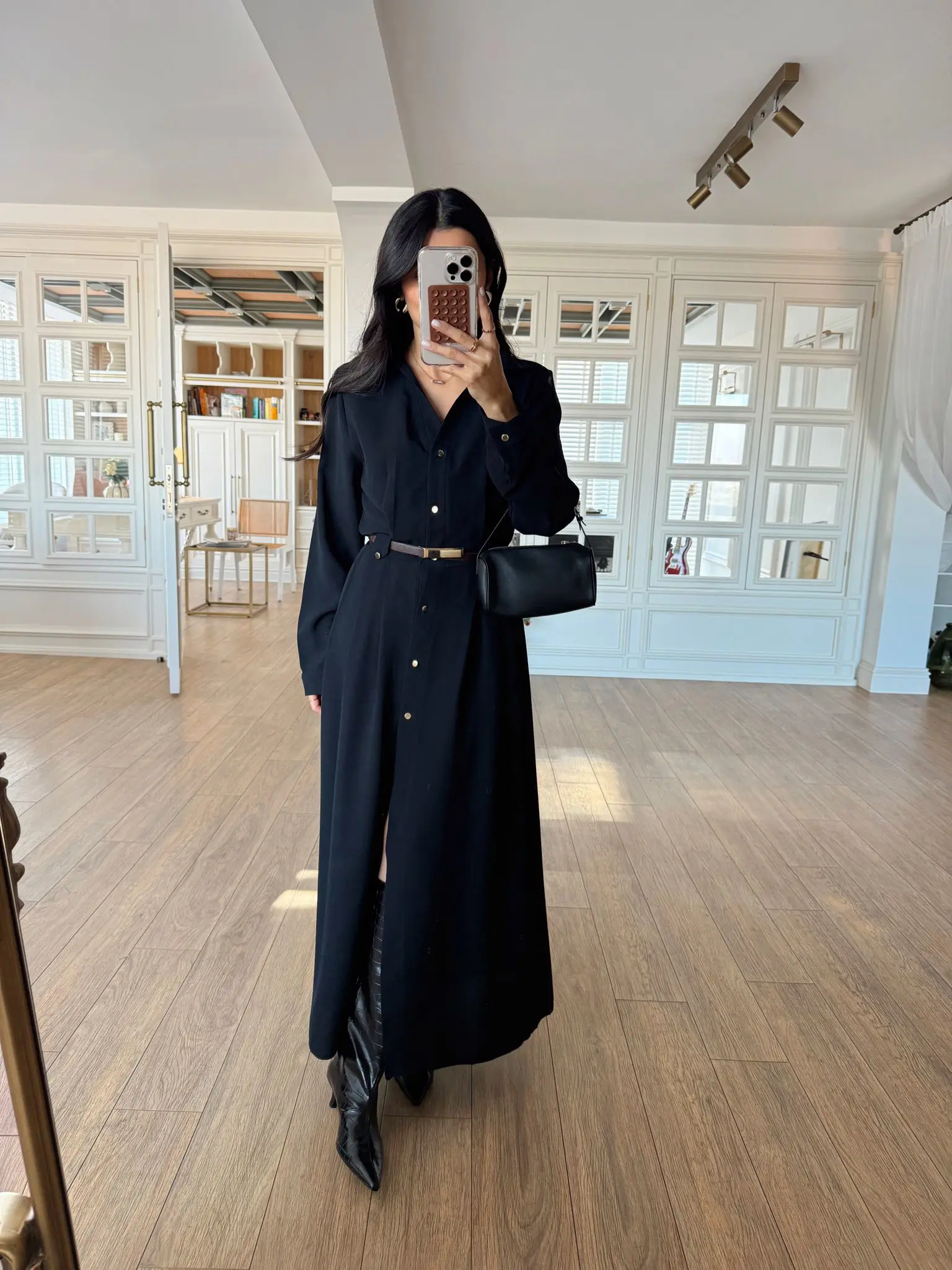 Naxt Gold Düğmeli Üç Pensli Kemerli Gömlek Elbise