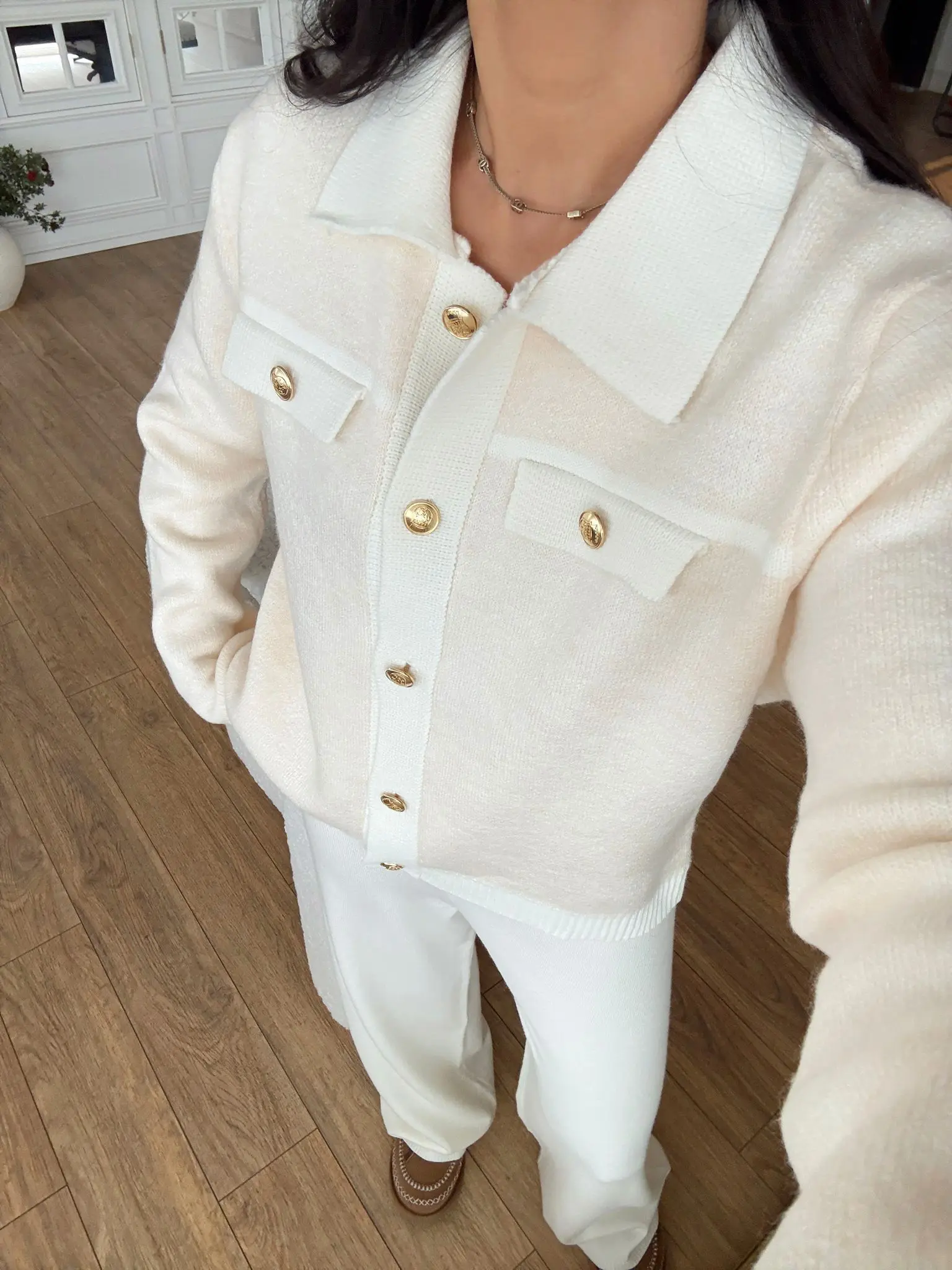 Winny Süs Cep Detaylı Gold Düğmeli Hırka - Kemik-Krem, Standart