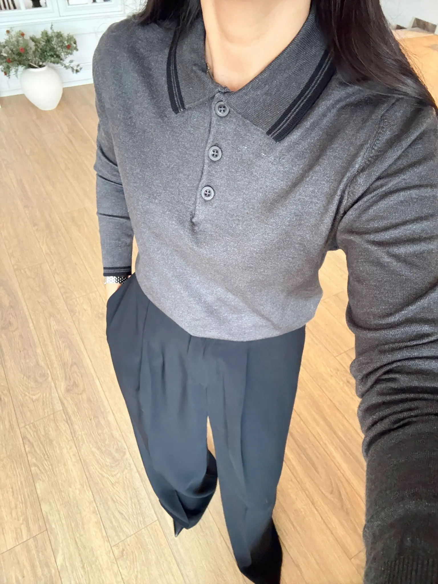 Zoe Yakası Biyeli Düğme Detaylı Triko - Antrasit, Standart