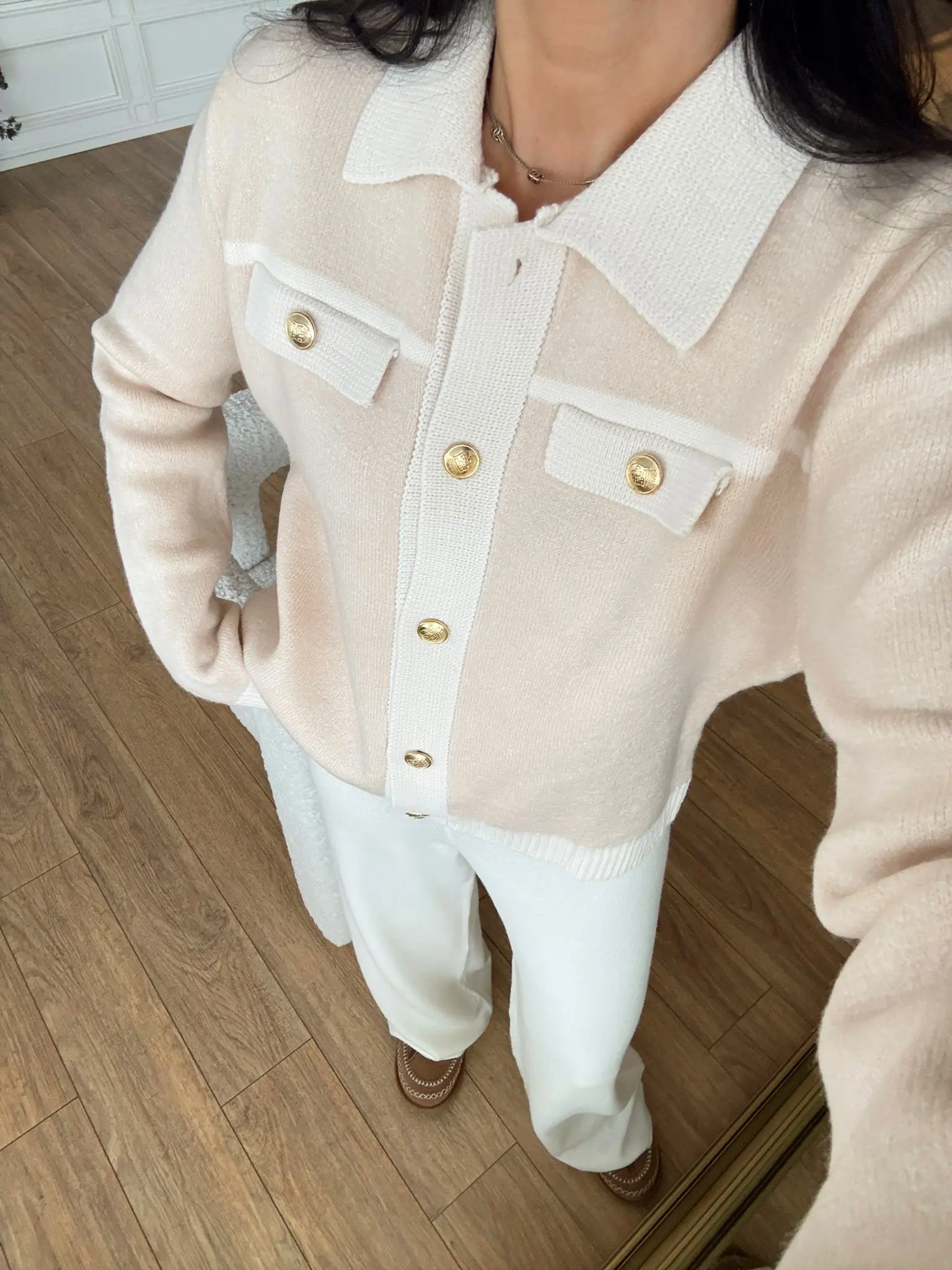 Winny Süs Cep Detaylı Gold Düğmeli Hırka - Krem-Vanilya, Standart