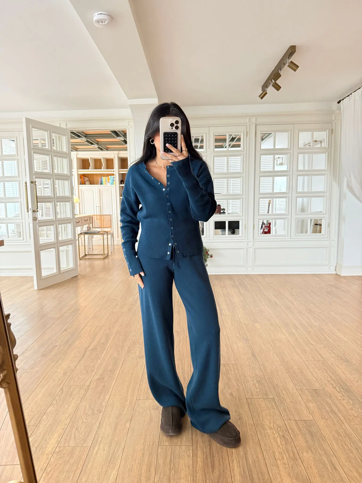 Fitil Detaylı Çıt Çıtlı Hırka-Pantolon Triko Takım - Petrol Mavi, Standart