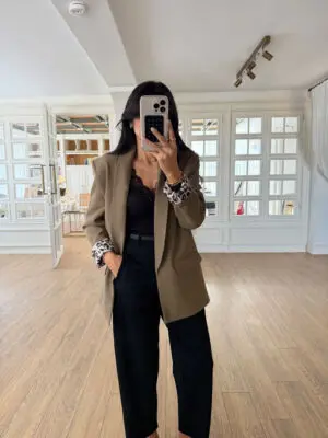 Cround Leopar Astar Detaylı Vizon Blazer Ceket