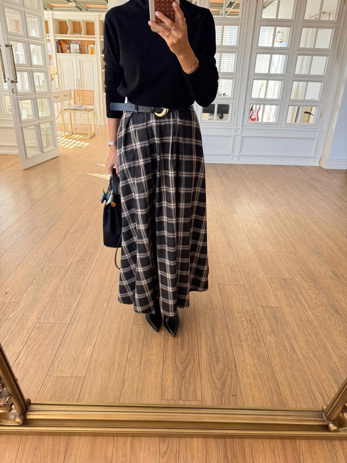 Bernard Winal Bel Fermuar Detaylı Kemerli Ekoseli Maxi Boy Etek