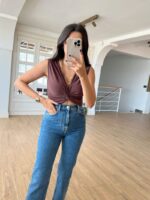 Düğüm Detaylı Kahverengi Crop Bluz