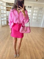 Pembe Ön Cep Detaylı Mini Etek