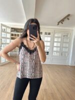 Kahve Desenli Dantelli İp Askılı Bluz