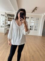 Symiss Beyaz V Yaka Dantel Detaylı Bluz