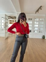 Camaro Red Bisiklet Yaka Uzun Kollu Bodysuit