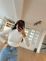 Ceydiss Dik Yaka Beyaz Crop Uzun Kol Basic Body