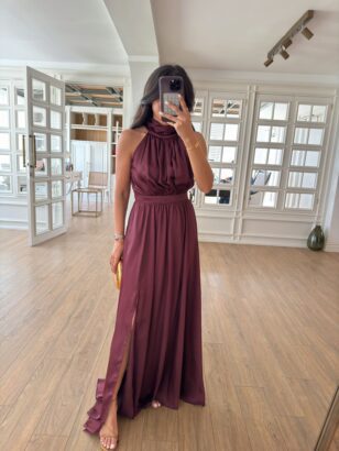 Bordo/Mürdüm Halter Yaka Yırtmaçlı Saten Elbise