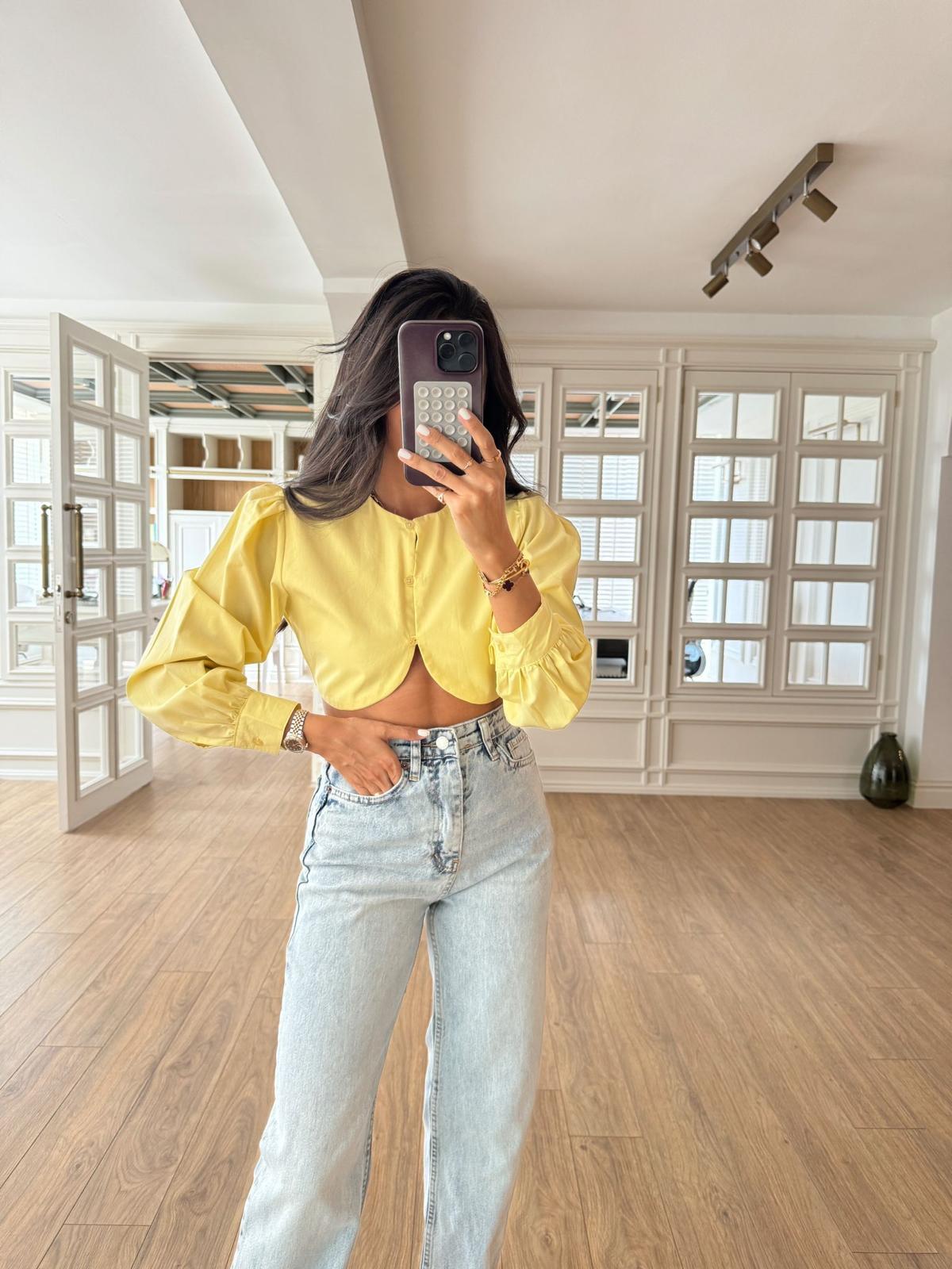 Odink Balon Kol Sedef Düğmeli Crop Gömlek
