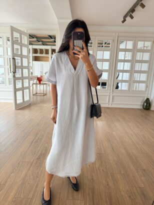 Sue Gri/Mavi V Yaka Keten Elbise