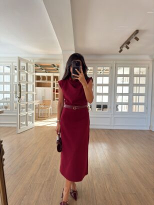 Cennes Zr Bordo Yandan Fermuarlı Drape Detaylı Kemerli Elbise