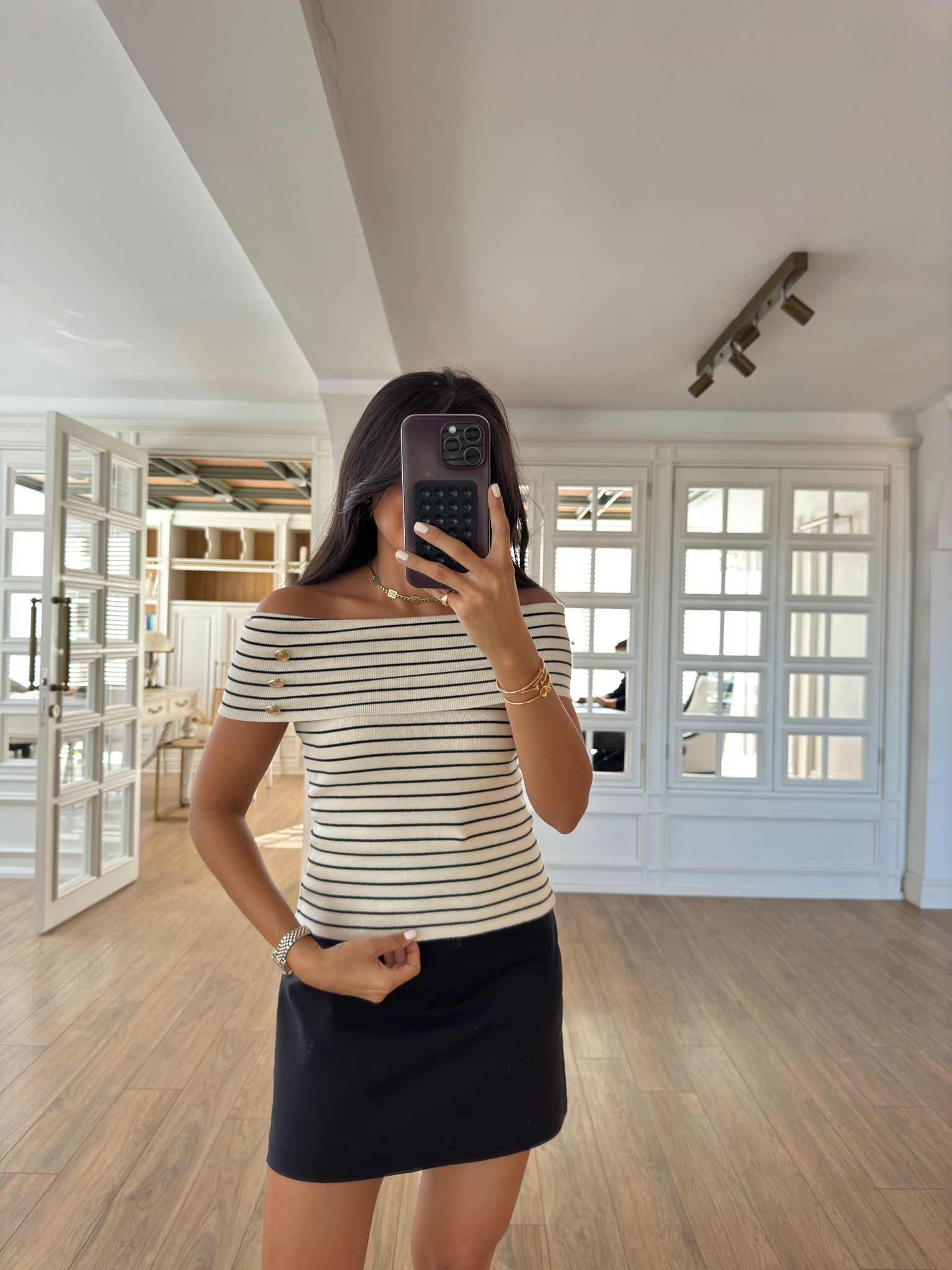 Snow Çizgili Yaka Gold Düğmeli Kayık Yaka Bluz - Krem-Siyah, Standart