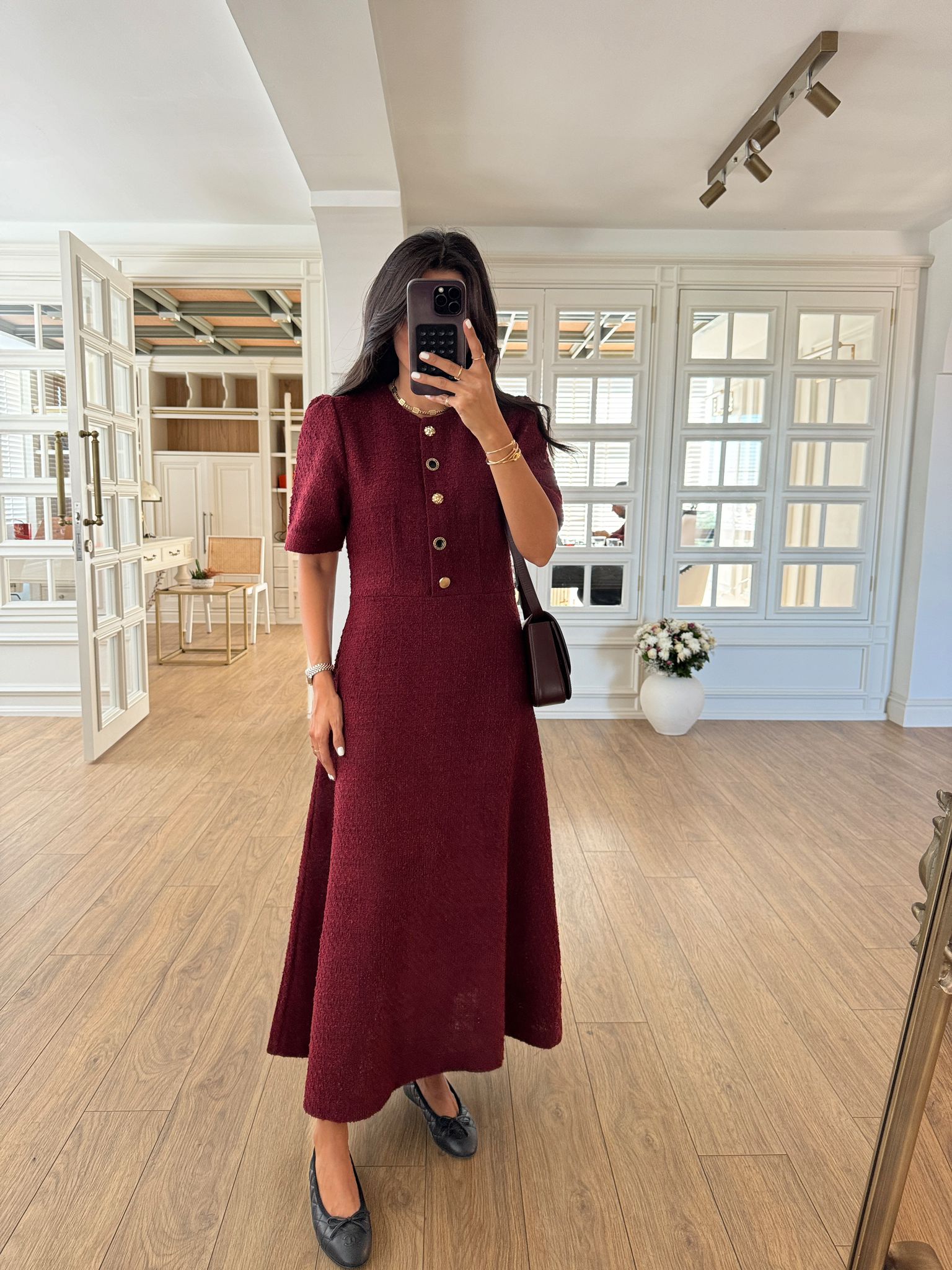 Pemu Gold Düğme Detaylı Maxi Tüvit Elbise