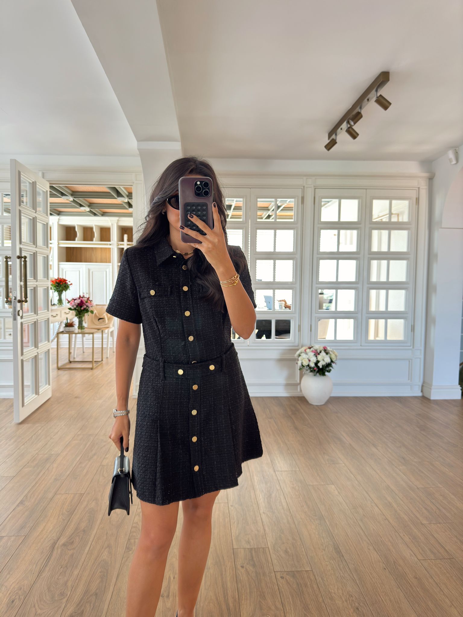 Tonya Gold Düğmeli Kemerli Kısa Kol Premium Tüvit Elbise