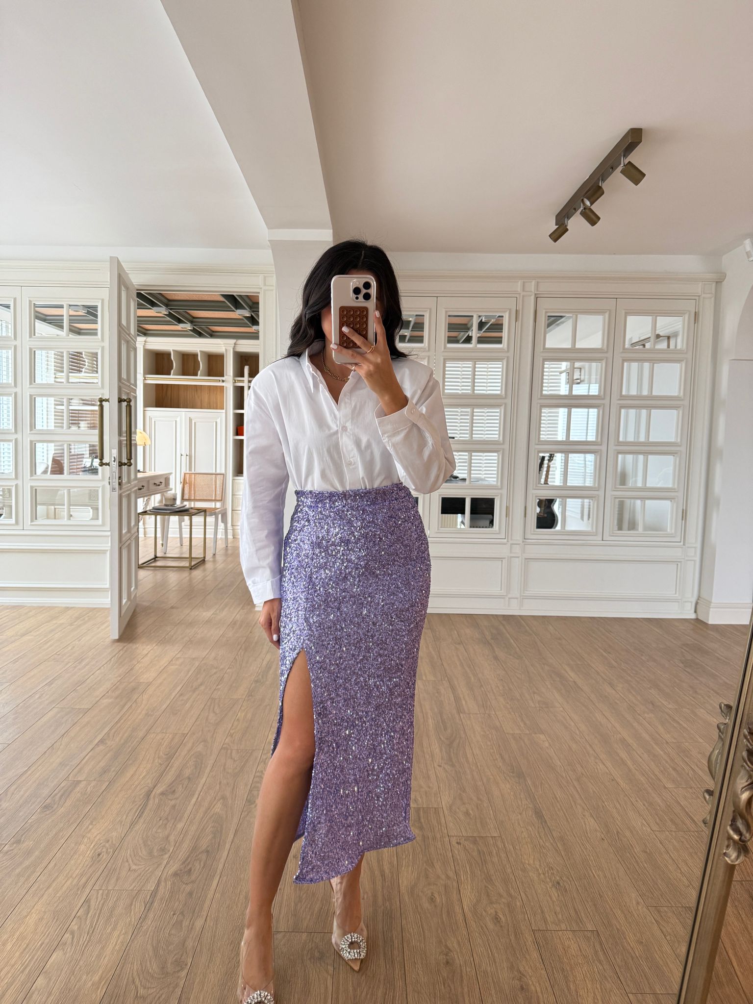 Tiffiny Payetli Yırtmaçlı Midi Boy Etek