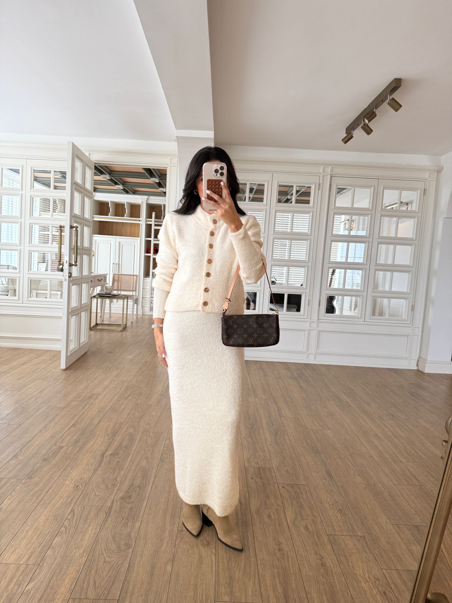 Sims Gold Düğmeli Etek-Hırka Triko Takım - Ekru, Standart