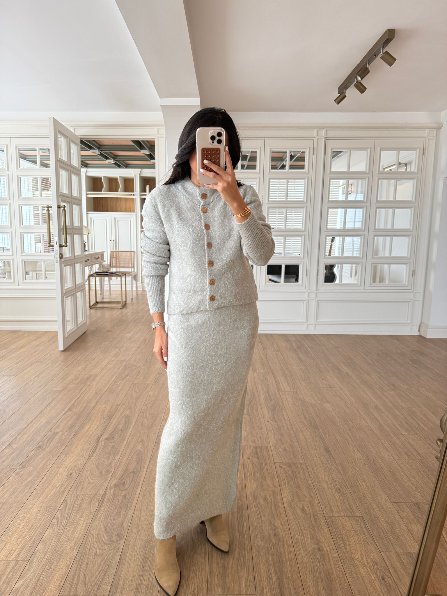 Sims Gold Düğmeli Etek-Hırka Triko Takım - Gri, Standart