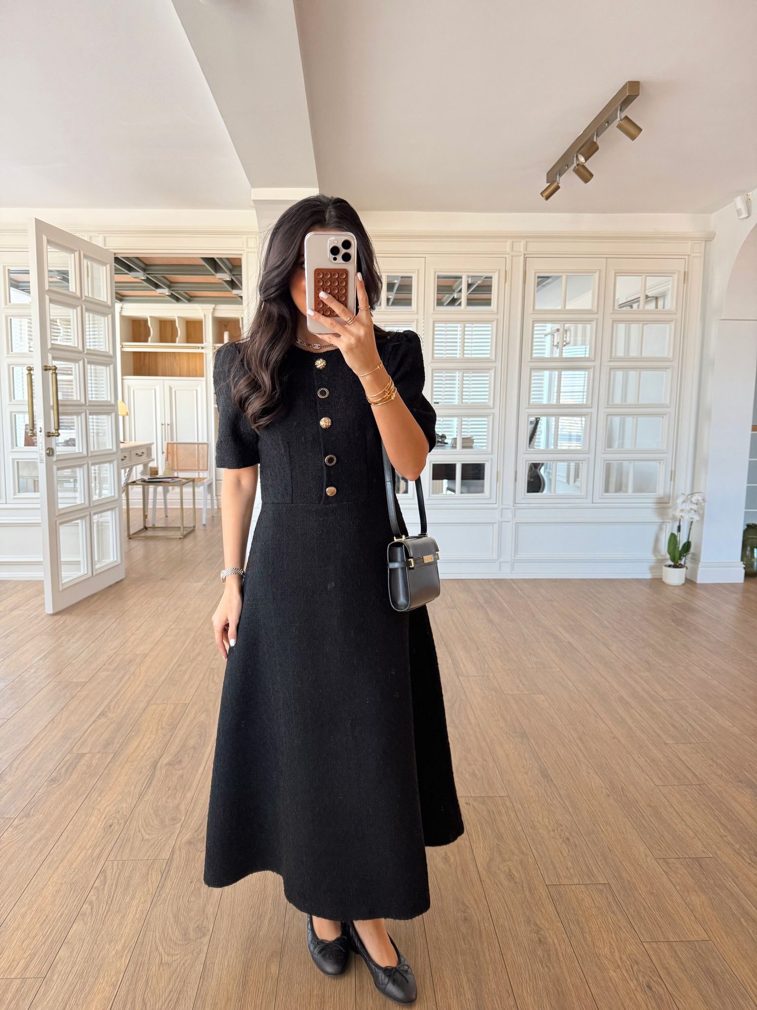 Pemu Gold Düğme Detaylı Maxi Tüvit Elbise