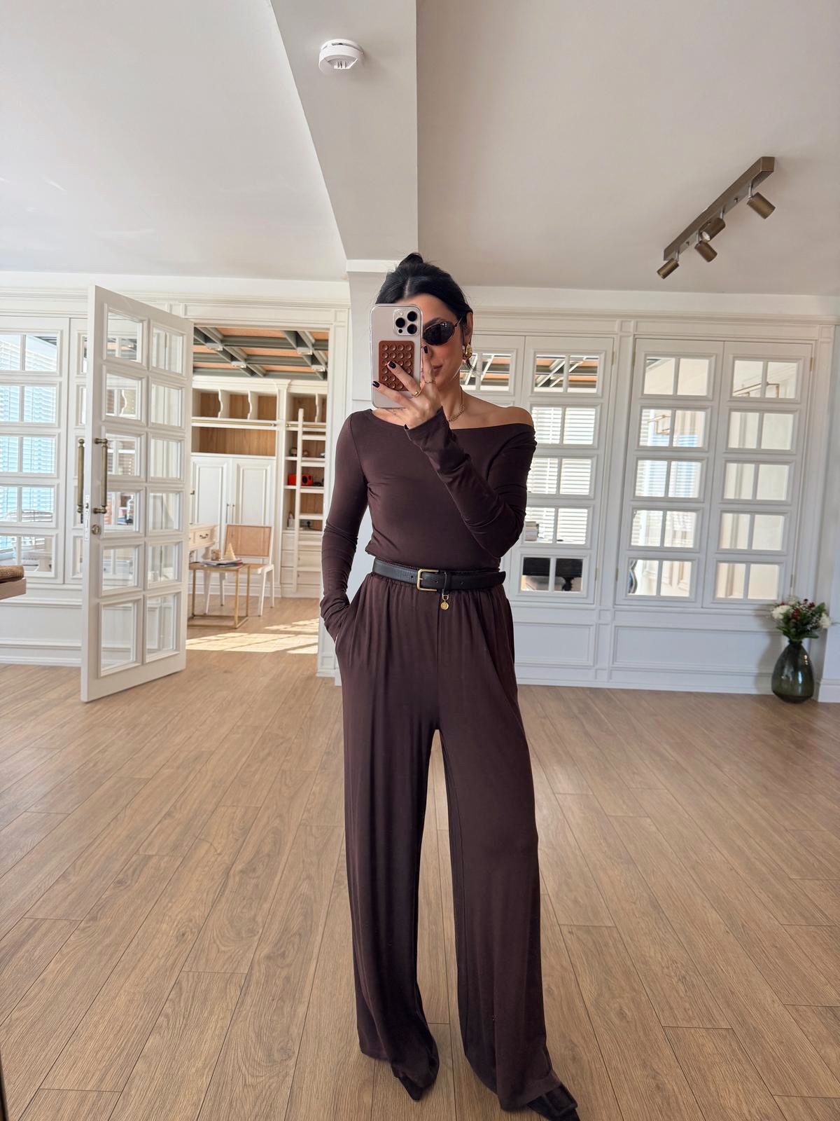 Domix Kayık Yaka Bluz-Pantolon Basic Takım