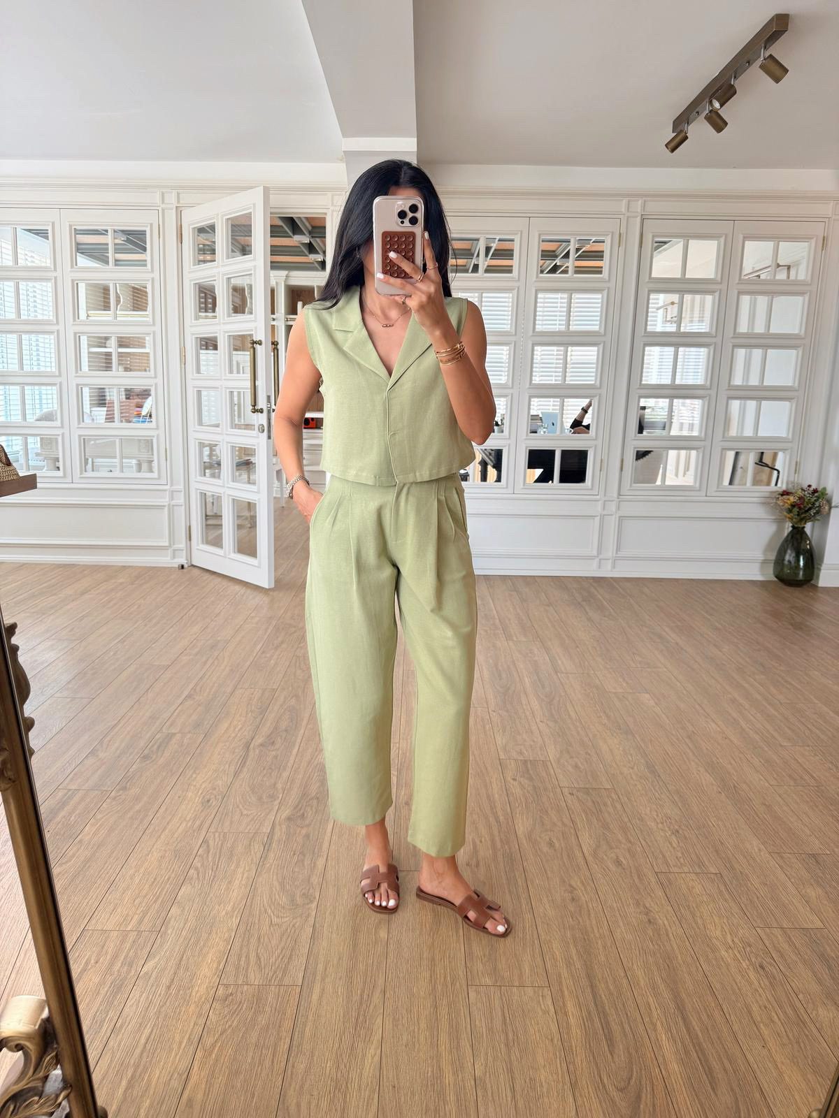 Selanie Keten Crop Bluz-Pantolon Takım