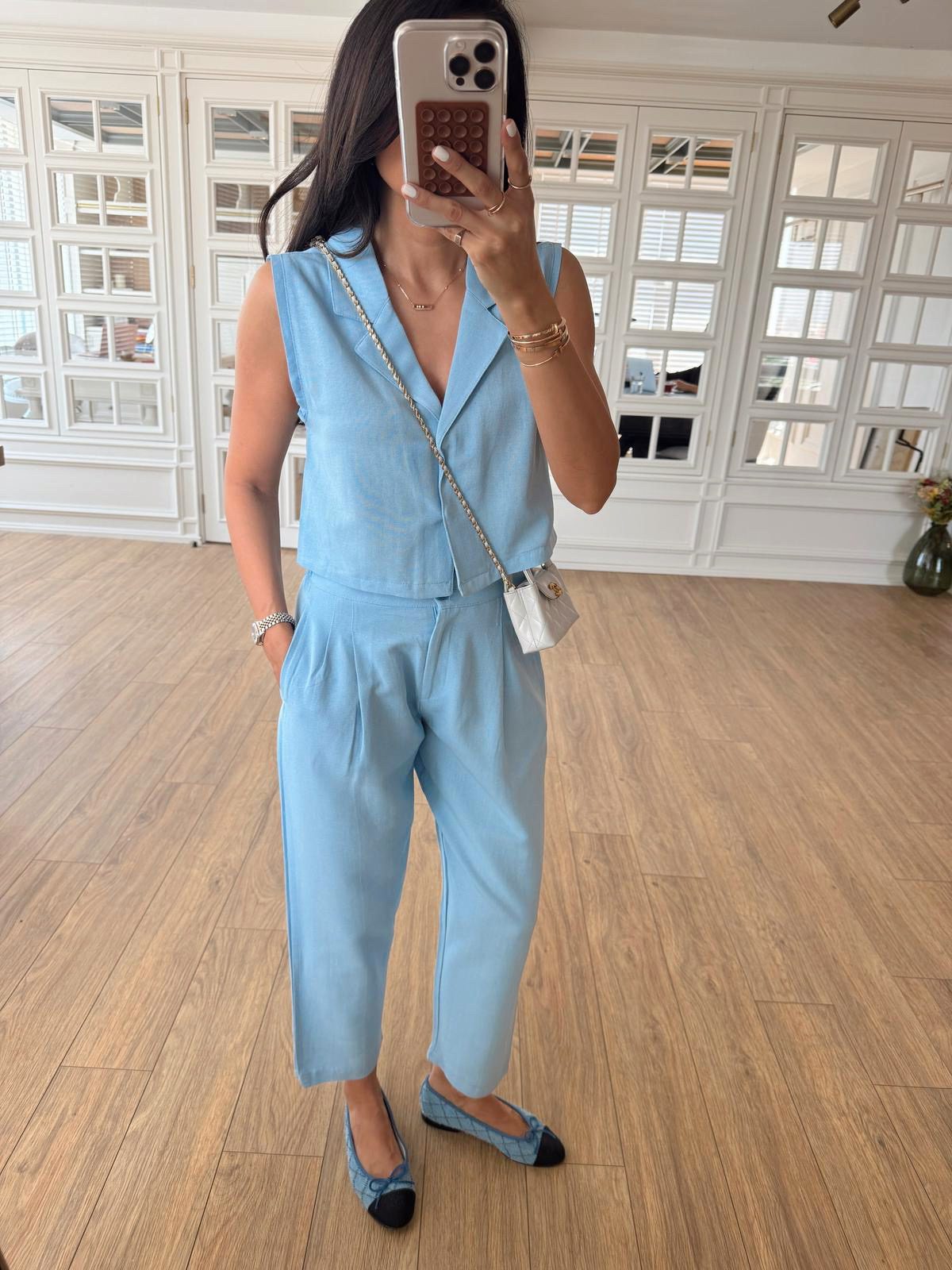 Selanie Keten Crop Bluz-Pantolon Takım