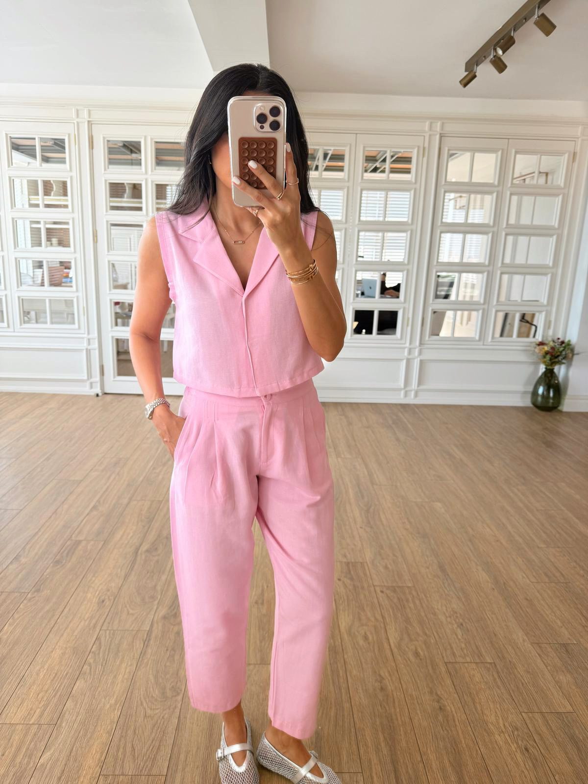 Selanie Keten Crop Bluz-Pantolon Takım