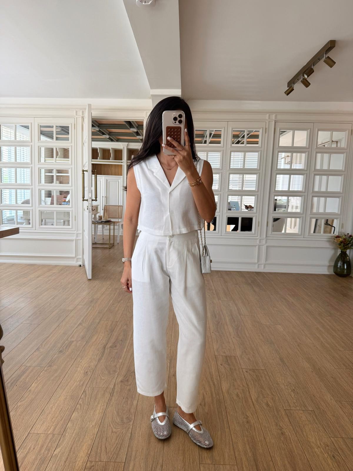 Selanie Keten Crop Bluz-Pantolon Takım