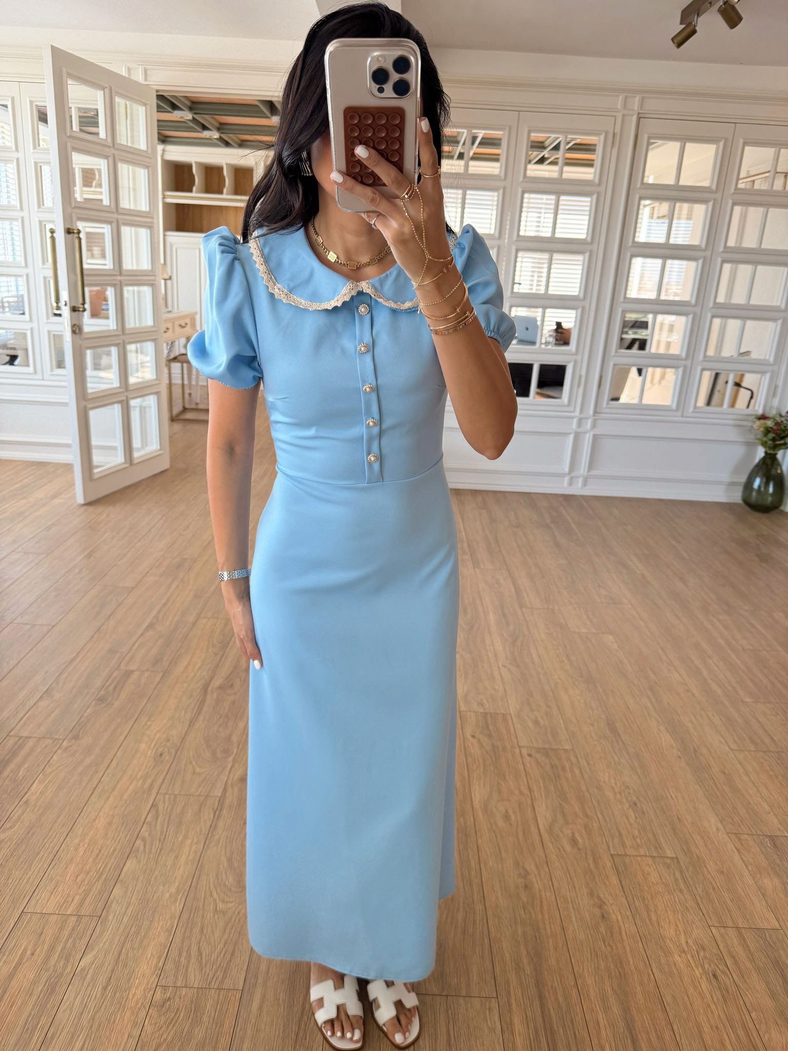 Reston Bebe Yaka İnci Taşlı Maxi Elbise