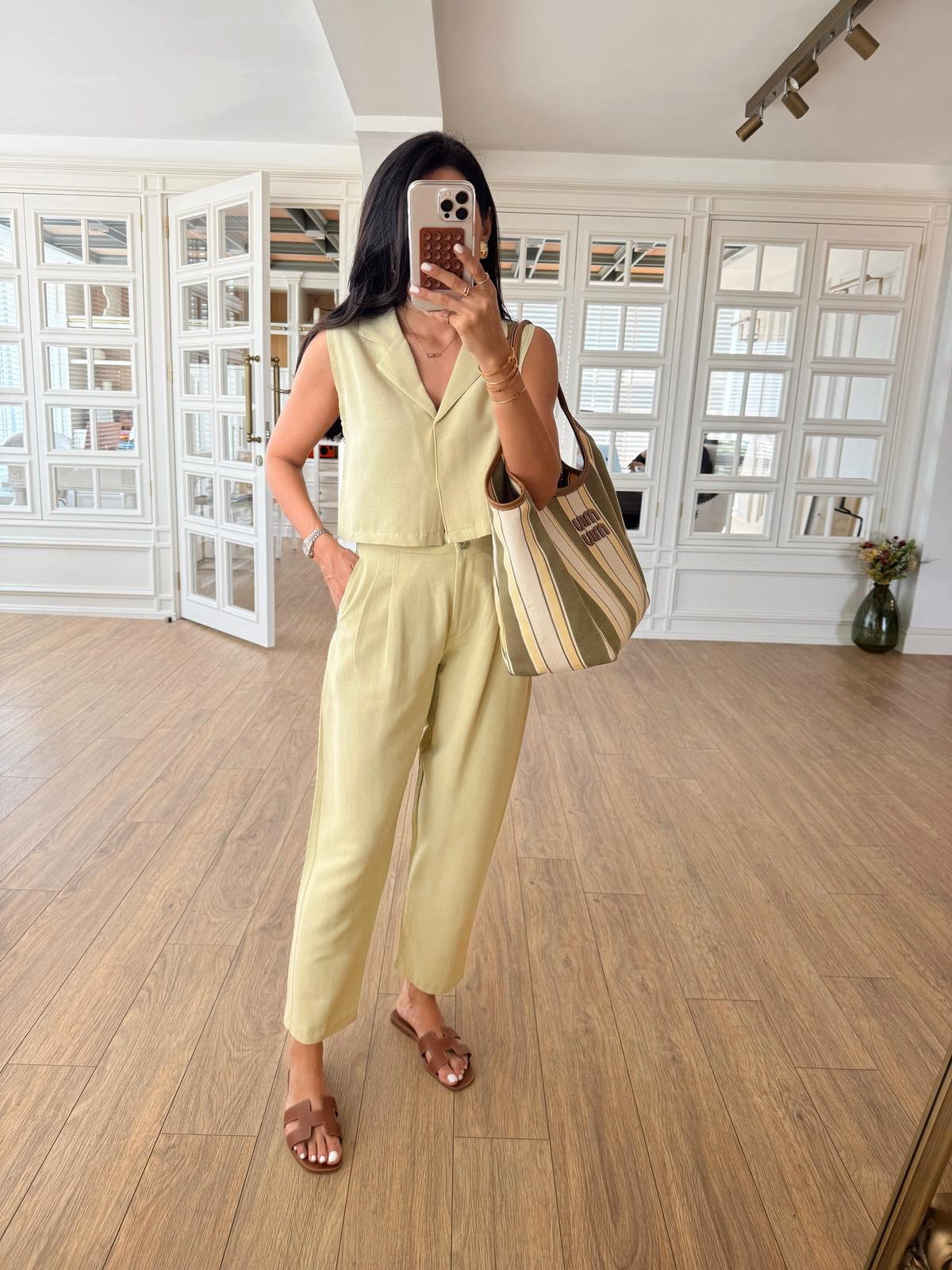 Selanie Keten Crop Bluz-Pantolon Takım