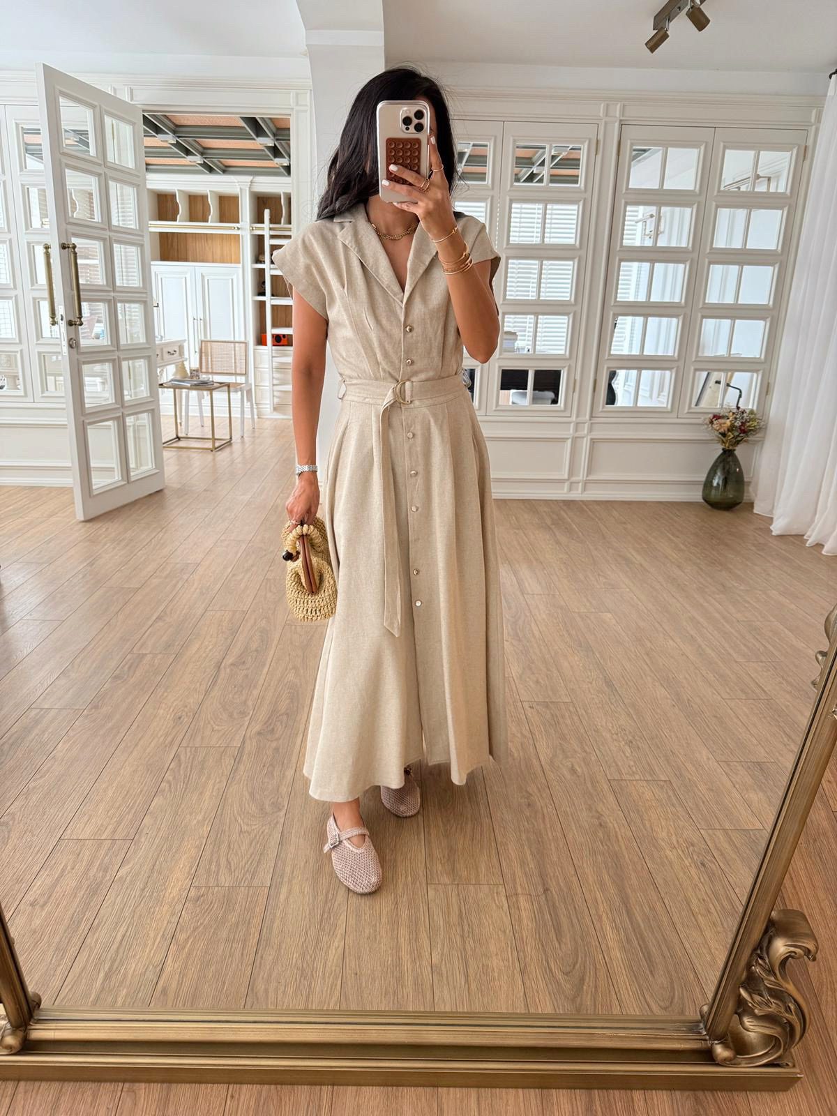 Omilika Gold Düğmeli Kuşaklı Linen Elbise