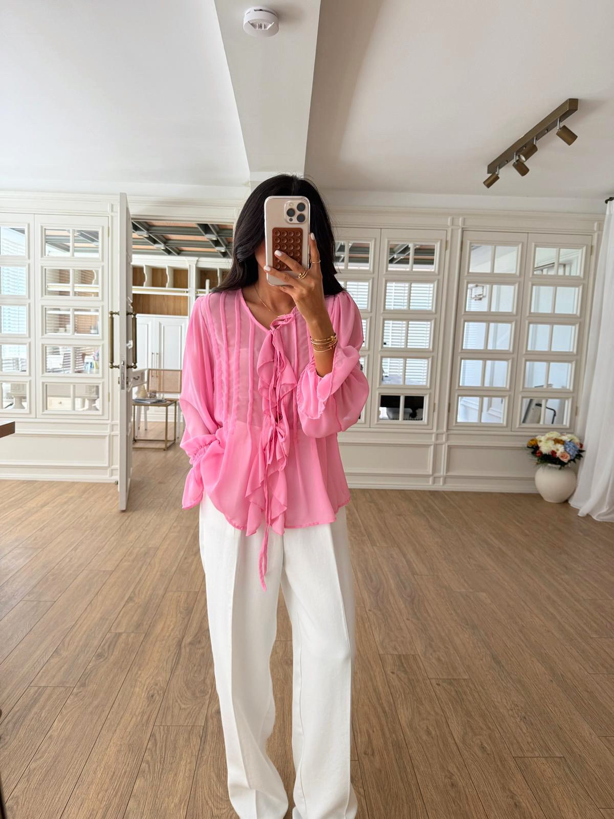 Melanie NM Fırfır Detaylı Şifon Gömlek/Bluz - Pembe, Standart