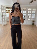 Sophia Dilvin Siyah Taş Çakımlı İp Askılı Crop Top