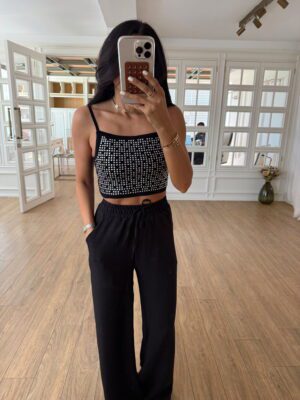 Sophia Dilvin Siyah Taş Çakımlı İp Askılı Crop Top