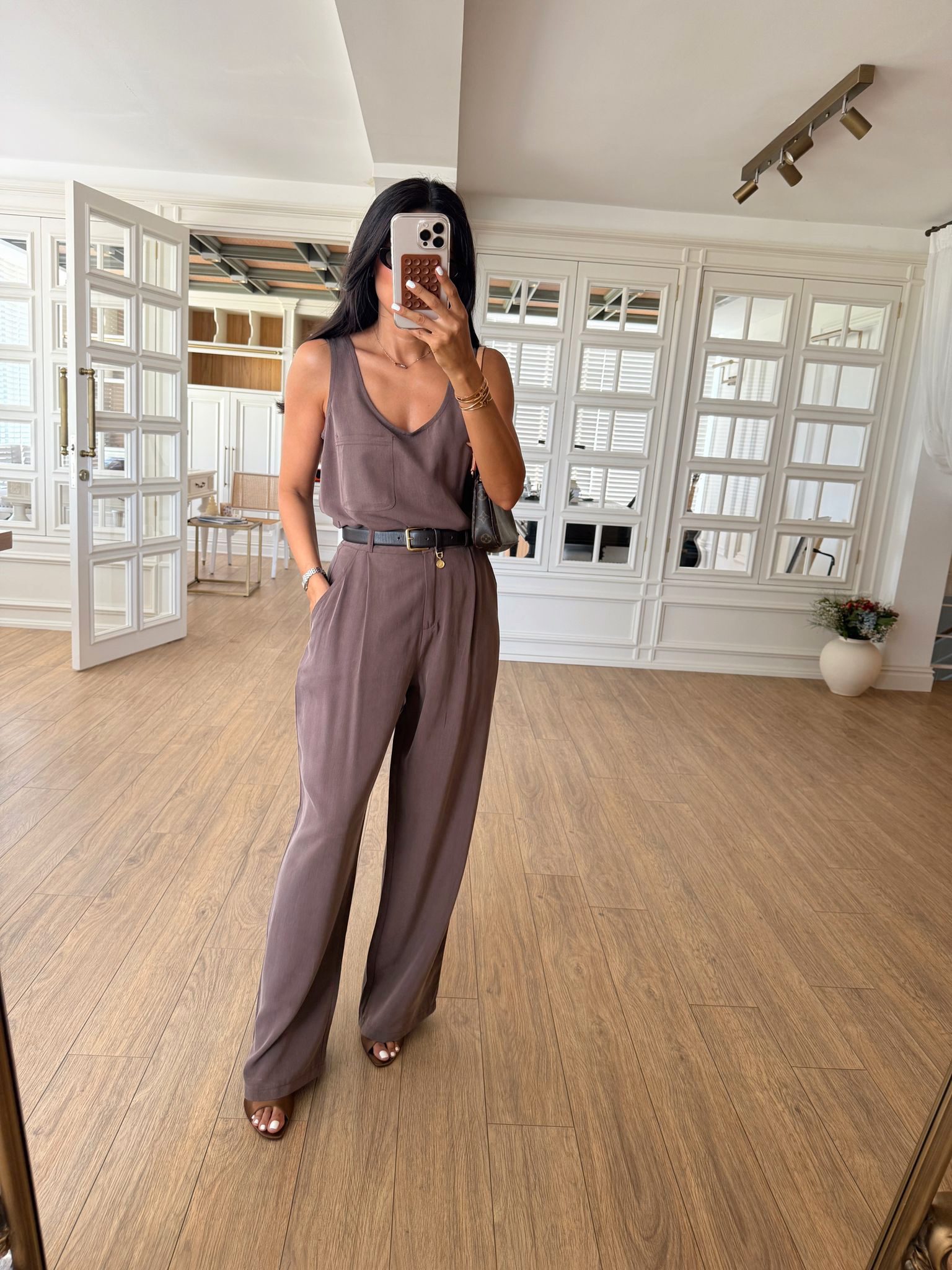 Rikos U Yaka Cep Detaylı Bluz Tek Pensli Pantolon Tensel Takım