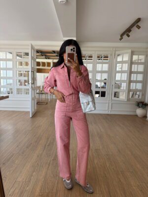 Kate Pembe Fermuarlı Cep Detaylı Kesik Paça Jean Tulum