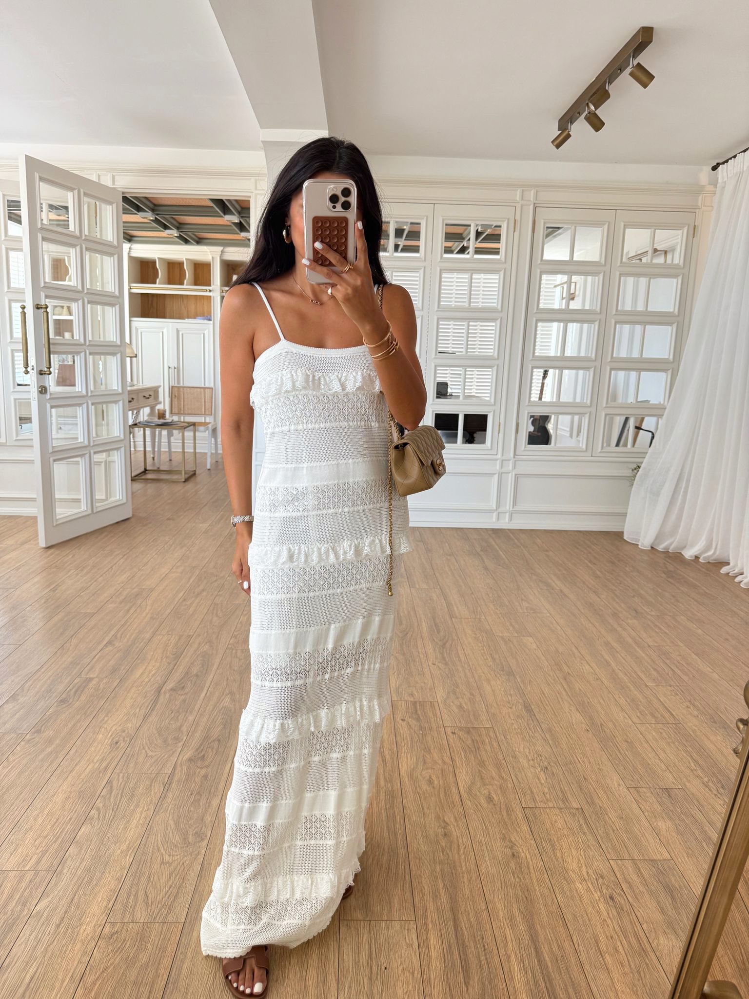 Orisona Dantel Geçişli İp Askılı Örme Elbise - Ekru, Standart